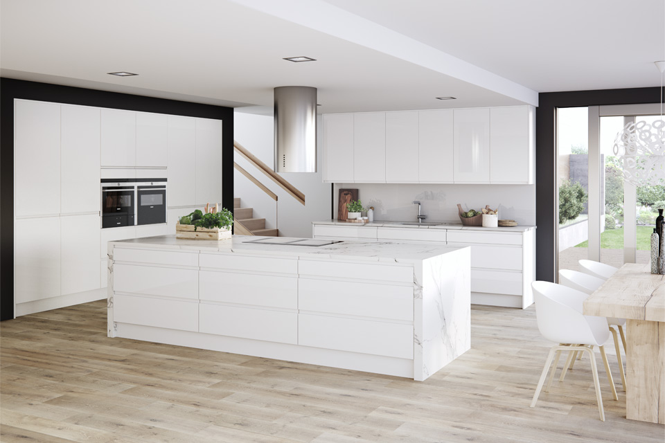 A white and cream high gloss kitchen